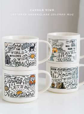 candle time 个性简约白色釉下彩字母陶瓷马克杯咖啡杯水杯情侣杯