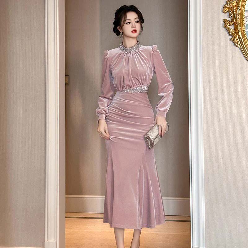 时尚显瘦晚礼服法式亮片拼接收腰鱼尾连衣裙QY0194