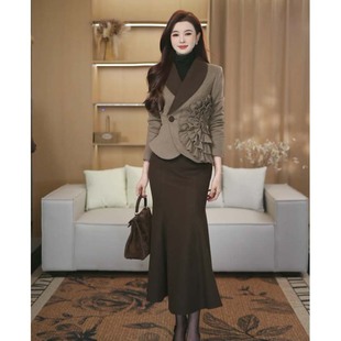 鱼尾半身裙套装 2025秋冬季 上衣 有里布咖色长袖 两件套TX0275 新款