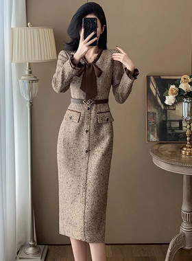 有里布送腰带气质名媛裙子2025秋新款富家千金小香风连衣裙QJ0150