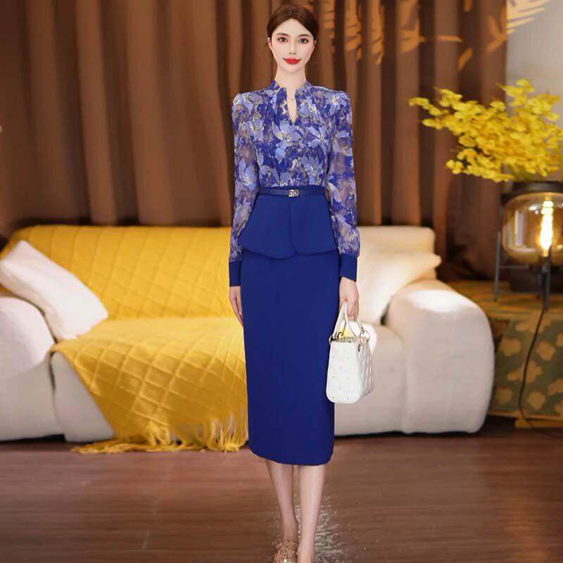 【直播专享】有里布含腰带蓝色长袖碎花优雅气质连衣裙D4941