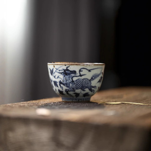 青花麒麟手绘主人杯收口杯120ml 晴先生博物馆幽蓝神采仿古手作元