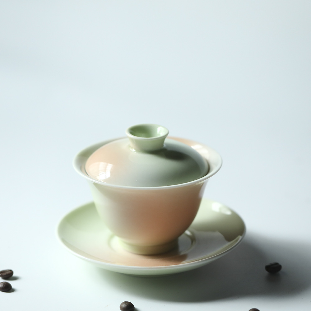 晴天 洛神盖碗 好用 高温瓷原矿釉功夫茶具 130ml 苹果绿/淡水粉