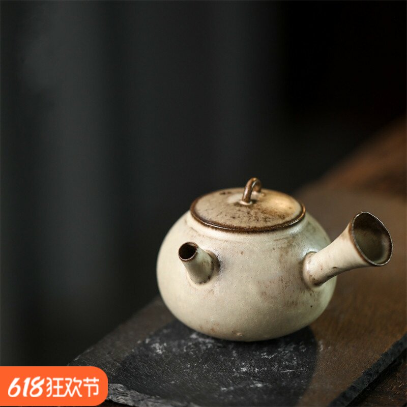 月白粗陶粉引侧把壶景德镇纯手工茶具开片可养茶壶泡茶器复古单壶