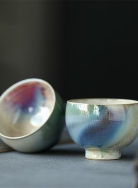 窑变黄绿蓝紫色茶杯景德镇纯手工陶瓷茶具复古结晶品茗杯罗汉杯大