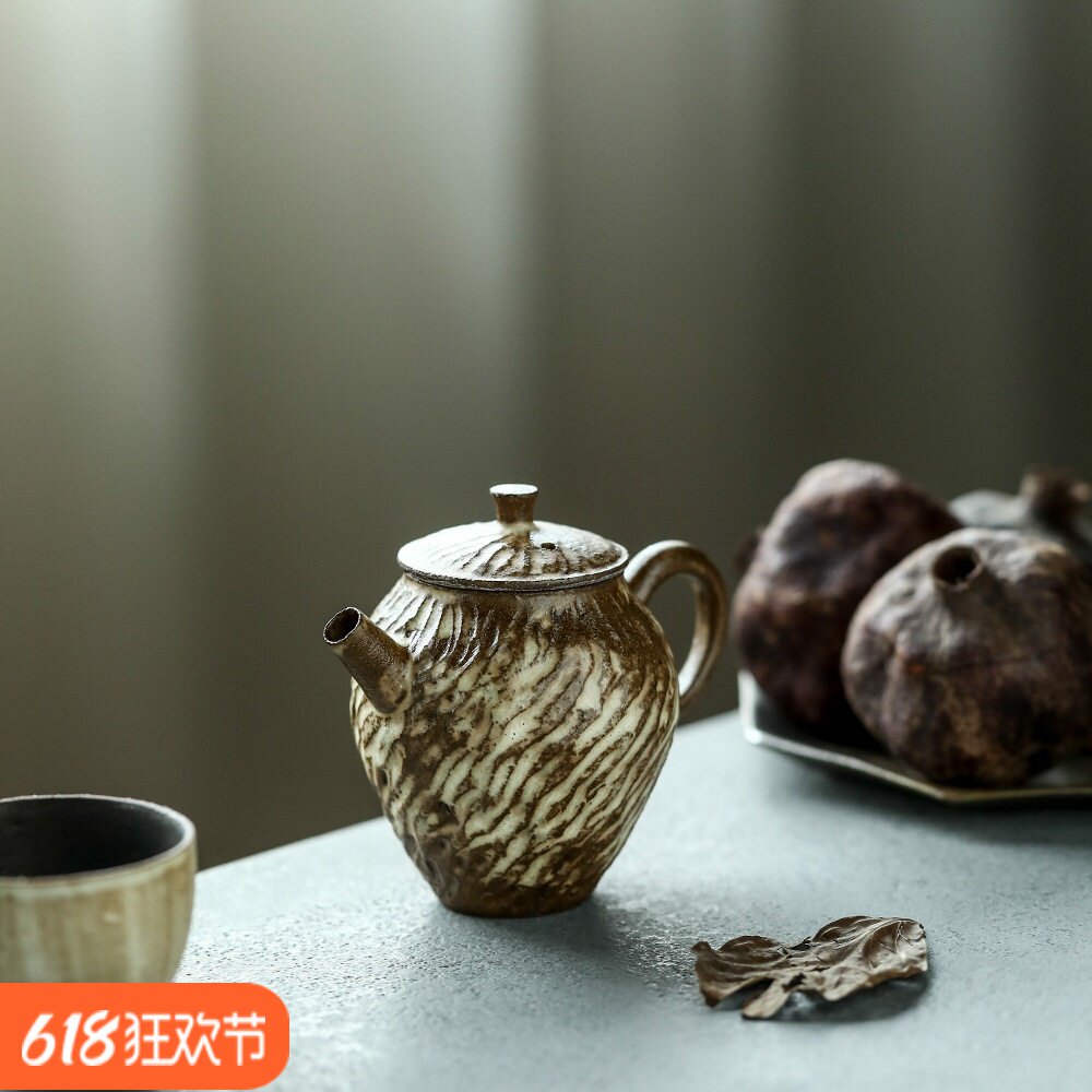 景德镇手作陶瓷茶具复古手捏紫砂柴烧酱油小壶手工纹理泡茶壶可养