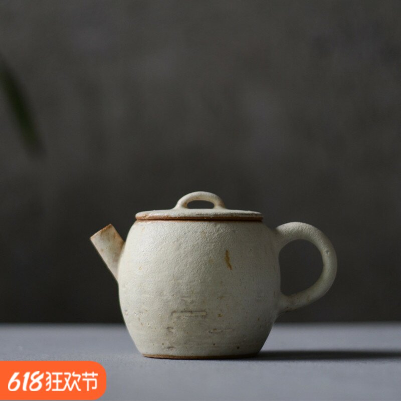 粗陶粉引瓦当壶纯手工手绘小陶壶透气开片可养泡茶壶150ml出水好
