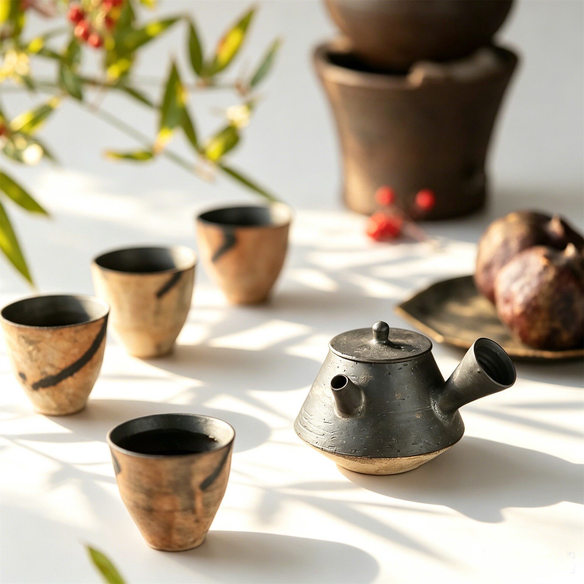景德镇手工黑釉粉引侧把壶折腰品茗杯套装简黑泡茶壶斗笠化妆土壶