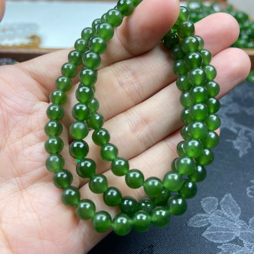 6m巴料碧玉菠菜绿水头好冰感足微黑点绕手三圈多圈手串项链