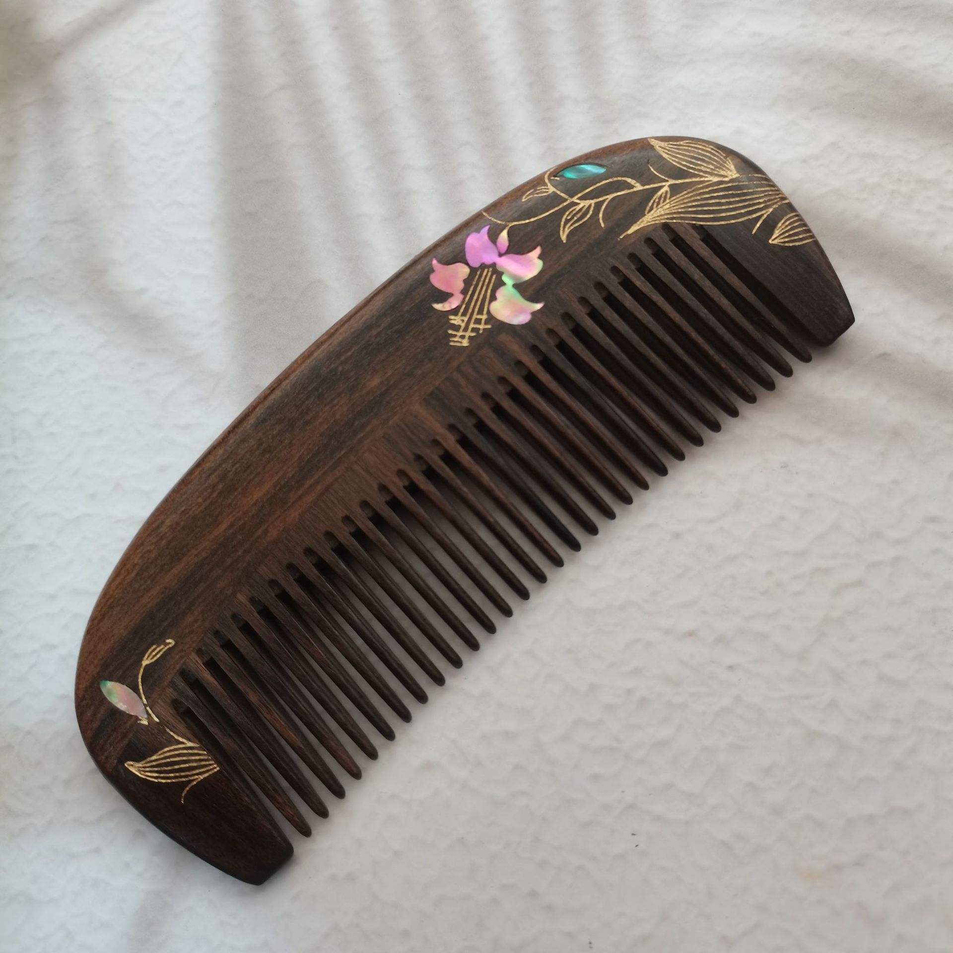 百合檀木梳精品手工梳螺钿镶嵌漆艺彩绘婚庆百合个性文创商务礼品