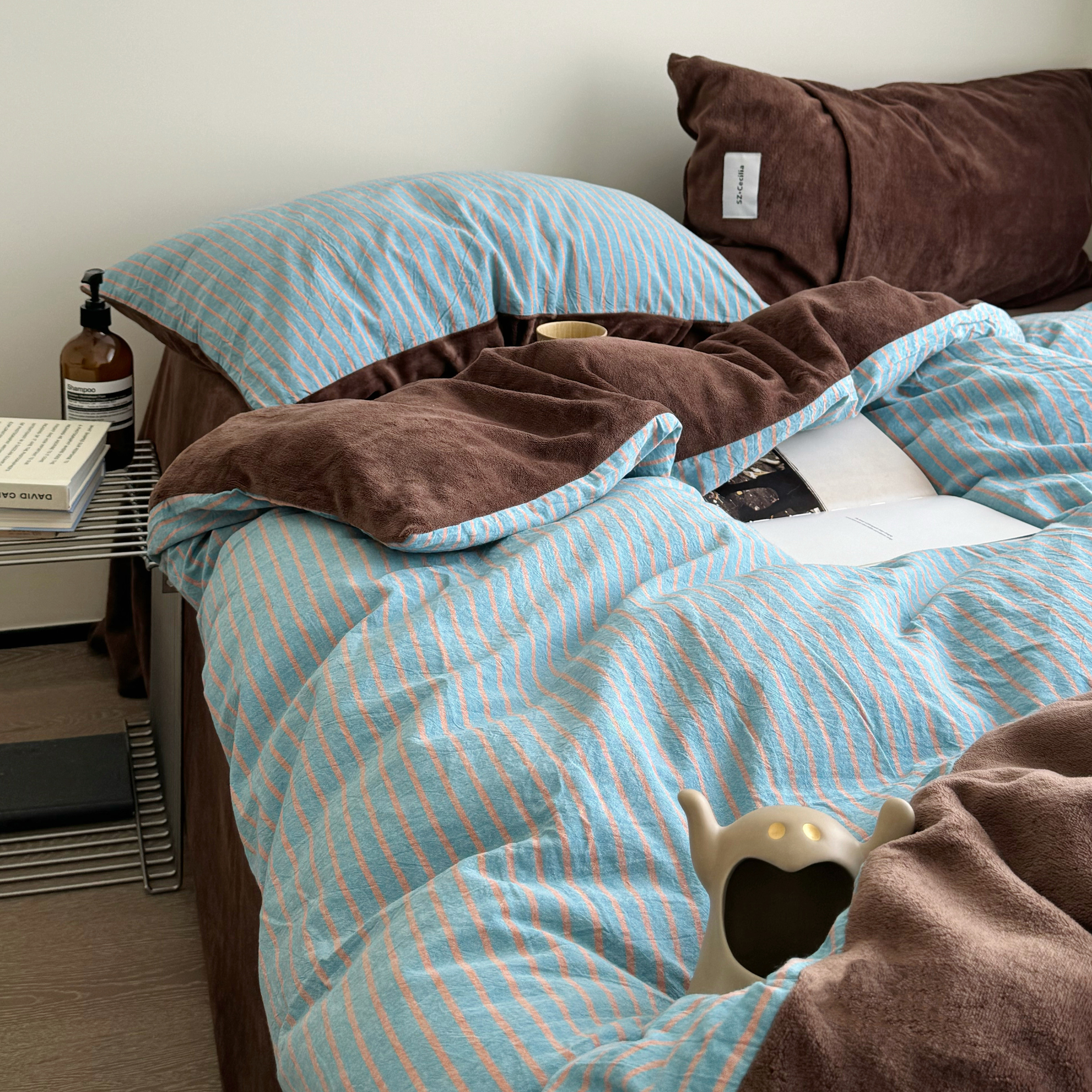 月亮睡了 条纹混搭全棉水洗棉牛奶绒卧室四件套床单被套宿舍床品