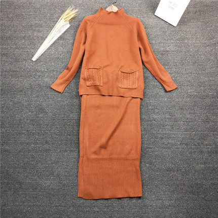 外贸原单韩版秋季毛衣两件套半高领插肩袖纯色修身上衣裙子套装