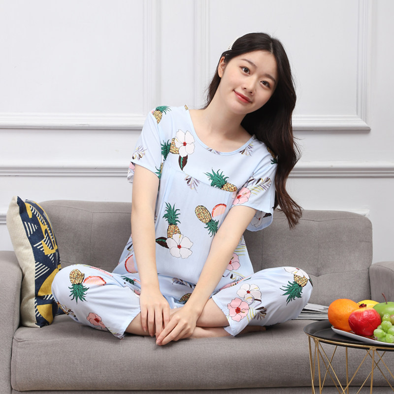 女薄款夏季短袖长裤套绵绸套装加肥加大居家服棉绸睡衣套凉爽包邮