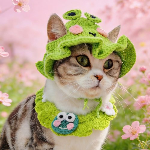 宠物猫咪狗狗帽子露耳围兜青蛙头套小狗小猫围脖项圈针织套装配饰