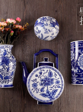 陶瓷壁挂花插景德镇陶瓷器青花瓷中式古典家居装饰品茶壶墙面挂件