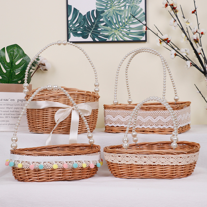 田园风伴娘伴手礼篮子珍珠把手礼品礼盒手提篮藤编柳编手工编织篮