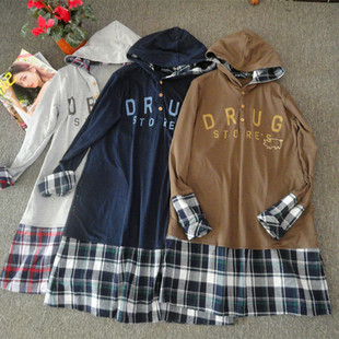 纯棉加长连帽T拼接格子连衣裙 store日单女装 原单新款 文艺小猪rug