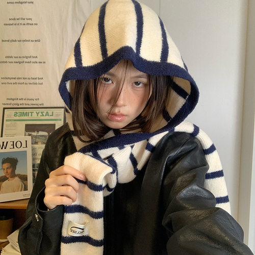 氛围感条纹巴拉克拉法帽披肩凹造型拍照ins潮秋冬保暖围脖一体帽