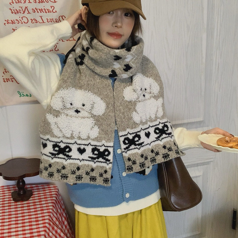 原创卡通系列  毛绒小狗提花童趣卡通甜美围巾保暖百搭围脖秋冬季