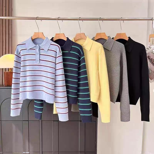 女装柔滑POLO领条纹长袖针织衫/毛衣毛衫春季新款E484503/482971