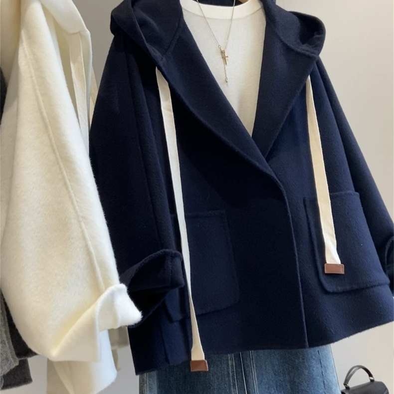 双面呢秋冬百搭宽松连帽大衣外套