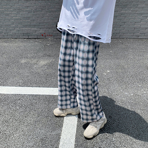 格子休闲裤垂感中性男女直筒长裤九分裤潮XZ-221-1图片