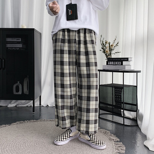 情侣休闲裤格子长裤垂感中性抽绳束脚男女九分裤XZ221-1图片