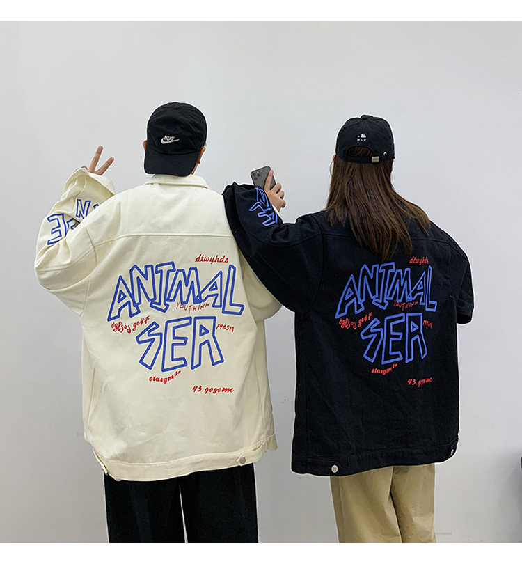 2021春款情侣男女水洗牛仔夹克外套印花牛仔衣XZ-221-1-J图片