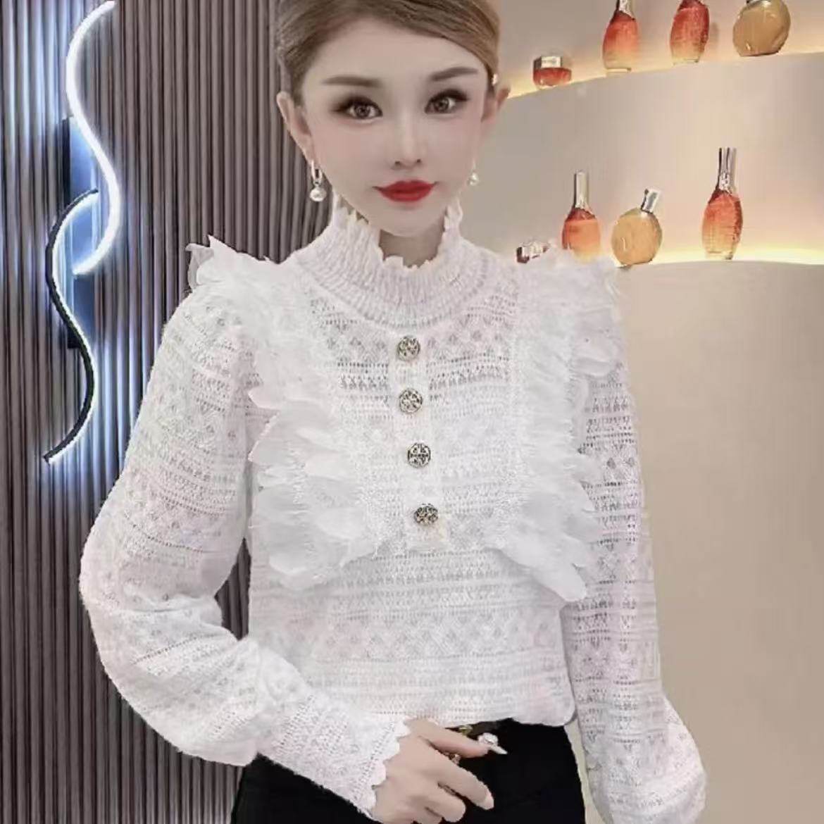 MLF105#秋冬半高领植绒蕾丝内搭女士气质百搭长袖上衣打底衫女