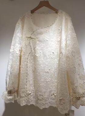 TY25210新中式勾花镂空钉珠蕾丝蕾丝衫提花百搭汉服上衣衬衫