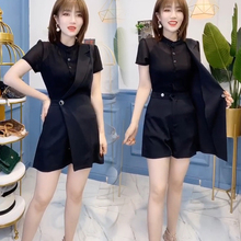 时尚套装2023夏季新款韩版气质显瘦西服连体短裤女小众黑色衬衫裙
