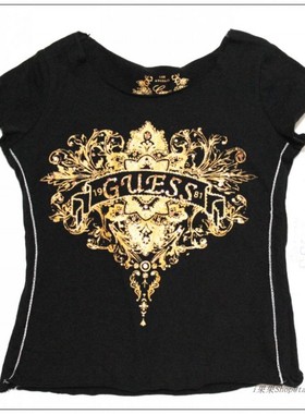 美国进口GUESS金黄色logo闪耀图案全棉无袖圆领衫夏季黑色休闲T恤