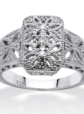 钻石925银镀铂金镂空花丝欧美宽版靓丽复古女士戒指美国代购43517