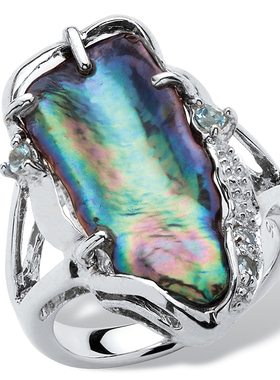 孔雀蓝珍珠/蓝托帕石(黄玉)/925银时尚前卫女式戒指美国代购45780