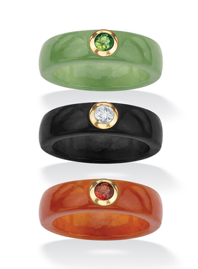 翡翠/橄榄石/石榴石/托帕石/10K金镶嵌宝石三枚戒指美国代购48312