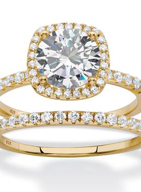 立方氧化锆(苏联钻)/925银镀14k黄金结婚2件套戒指美国代购59265