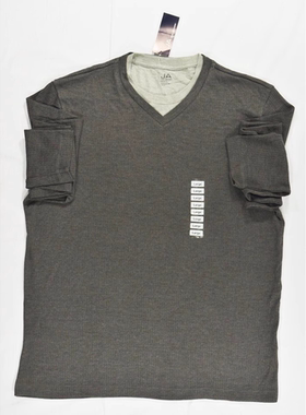 美国进口John Ashford欧美时尚休闲简约灰色V圆领假两件长袖T恤衫