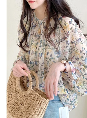 碎花圆领气质衬衫女长袖2026春夏季新款褶皱宽松百搭插肩袖防晒衫