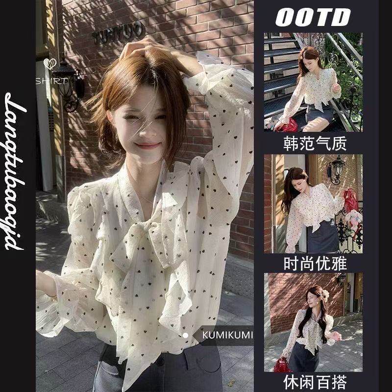 法式荷叶边波点系带长袖雪纺衬衫女2026春季新款小众时尚气质上衣