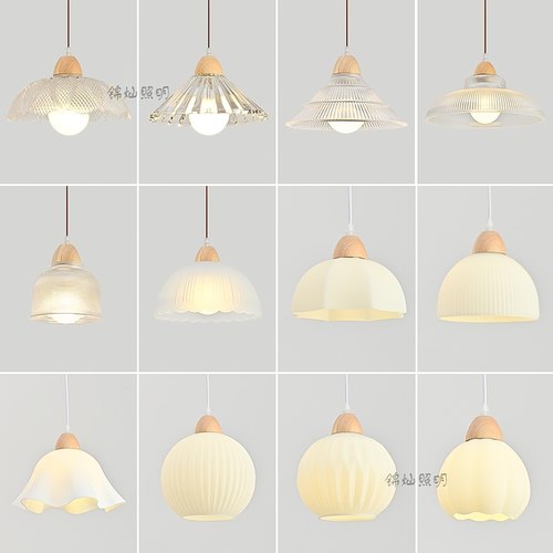 日式原木餐厅吊灯北欧简约奶油风民宿吧台过道卧室三头玻璃小吊灯