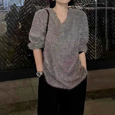 慵懒风毛衣女V领小个子针织衫