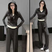 两件套休闲套装 春秋欧货显瘦灰色连帽假两件上衣高级感时尚 阔腿裤