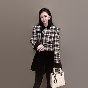 欧洲站2023春季新款格子毛呢外套女薄款名媛轻奢短款长袖气质上衣