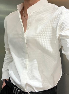 新中式立领衬衫男秋季潮牌炸街高级感修身长袖衬衣白色华夫格上衣