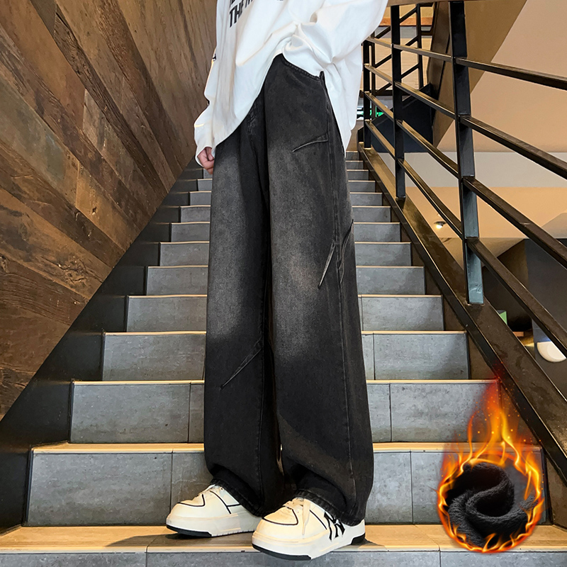 美式复古大码宽松潮流加绒直筒裤