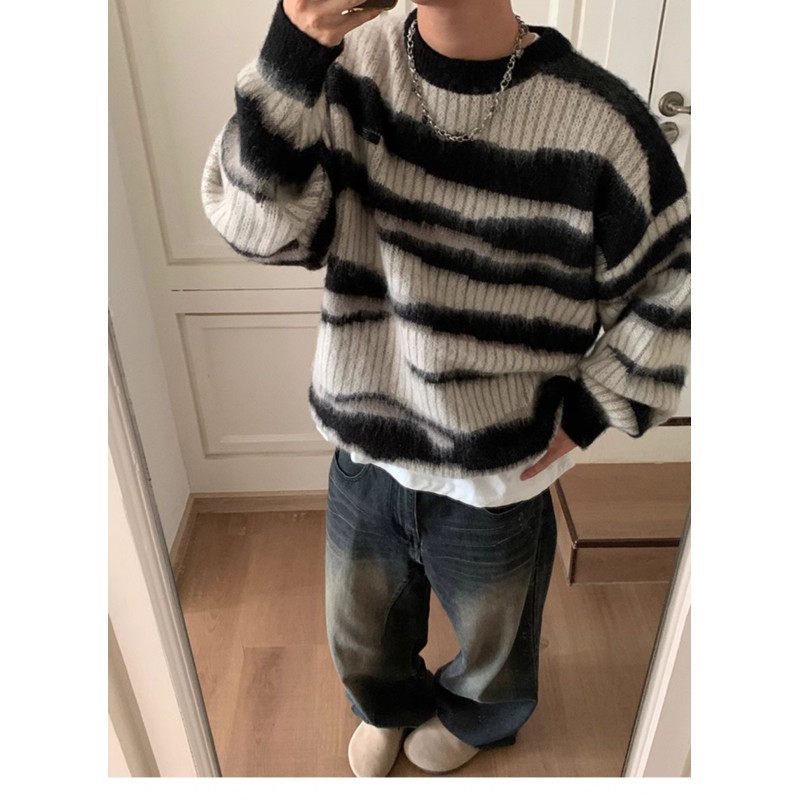 秋冬季马海毛氛围感情侣条纹毛衣