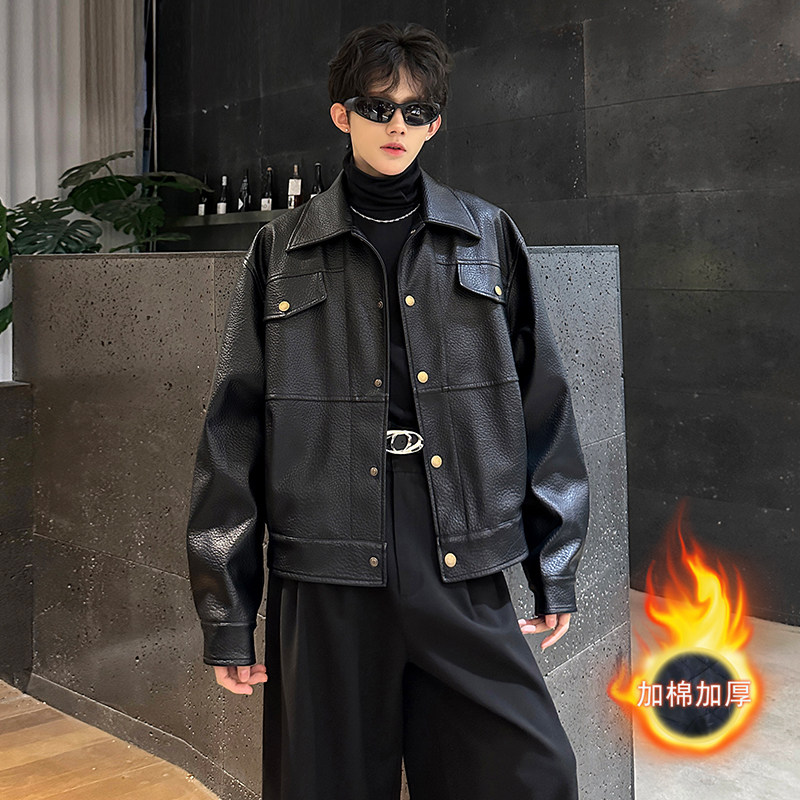 MY秋冬季复古加厚高级感荔枝纹皮夹克外套落肩宽松痞帅潮男装皮衣