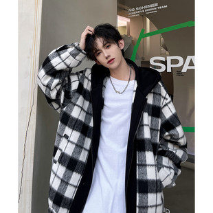 MY秋冬新款经典格子呢子连帽外套男美式潮青少年拼接百搭毛呢夹克