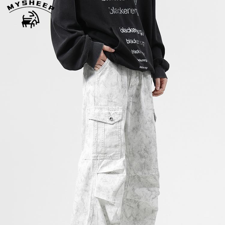 MY新款扎染褶皱工装伞兵裤重工洗水男复古宽松高街阔腿做脏牛仔裤