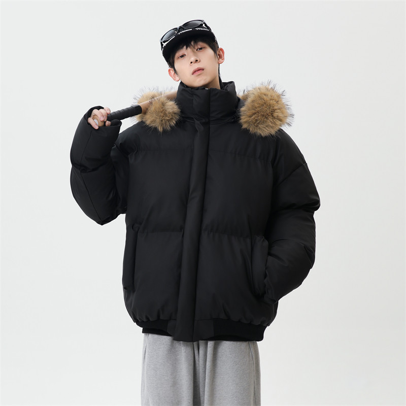 冬季潮牌PU皮连帽棉服毛领厚棉衣